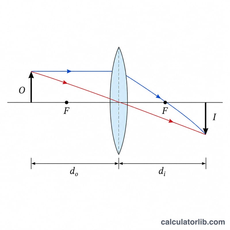 Ray diagram of a converging lens forming an inverted image, showing object distance and image distance
