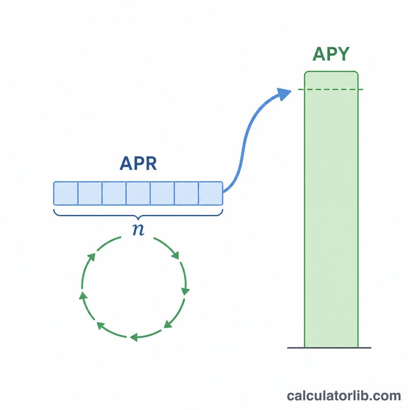 示意圖展示 APR 拆分為 n 個複利週期並增長為更高的 APY
