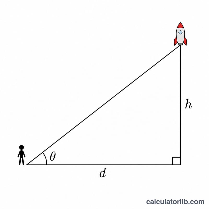 Tam giác vuông thể hiện khoảng cách đường cơ sở của người quan sát, góc nâng theta và độ cao của tên lửa