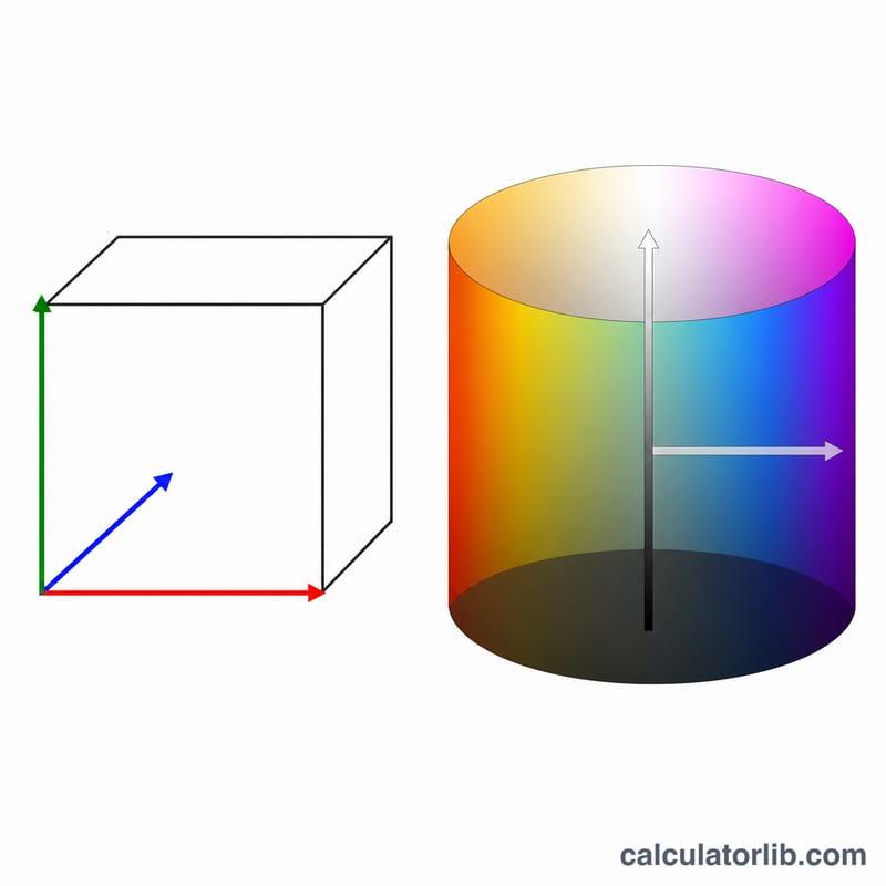 Side-by-side RGB cube and HSL cylinder color models