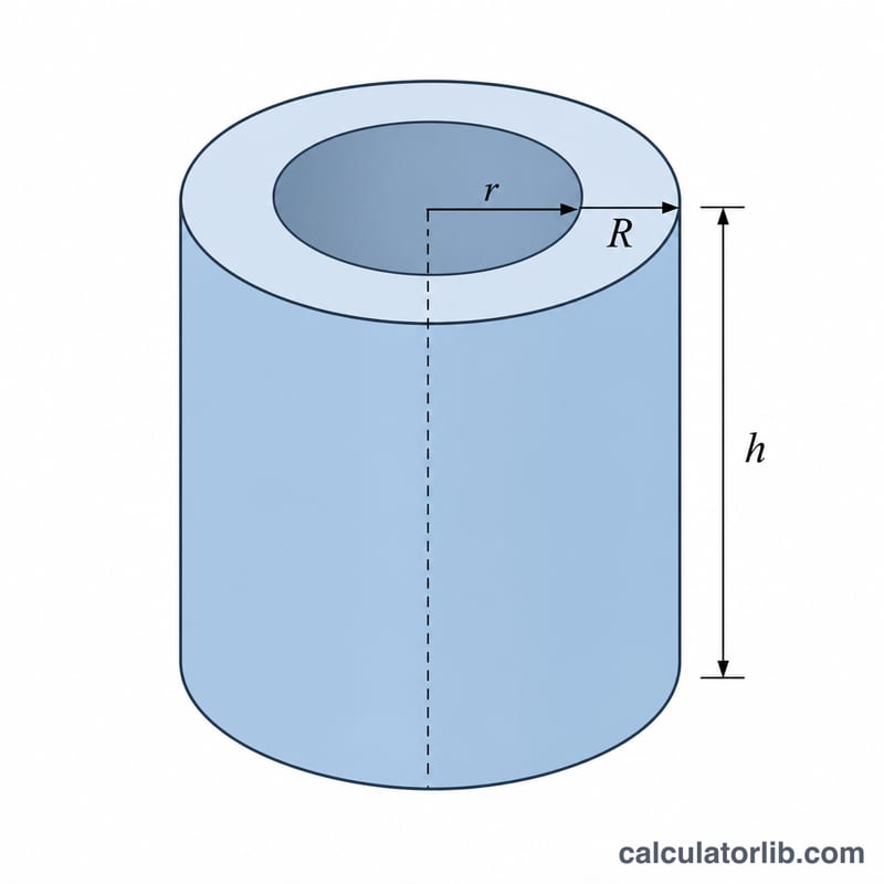 Hollow cylinder showing outer radius R, inner radius r and height h