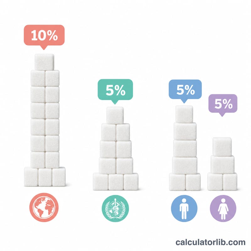 Comparison of WHO and AHA daily sugar limits shown as sugar cube stacks