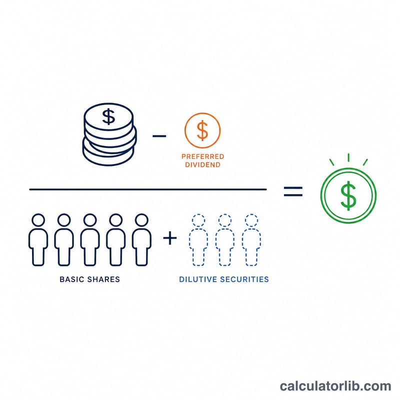 Diagram of the diluted EPS formula as a fraction of income over expanded share count