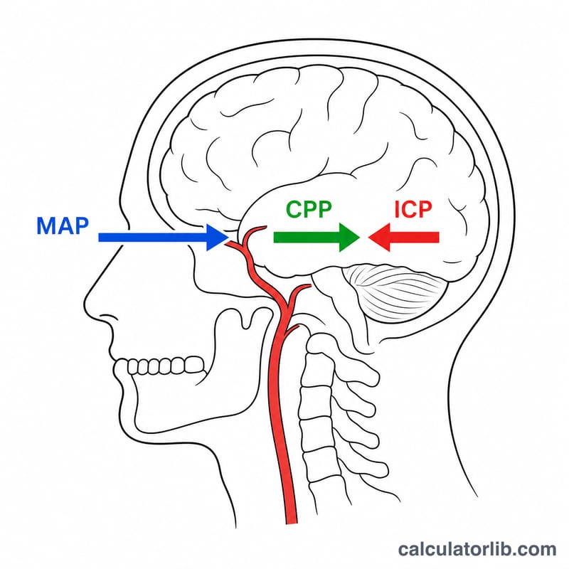 Diagram of cerebral perfusion pressure as the difference between mean arterial pressure pushing blood into the skull and intracranial pressure resisting it