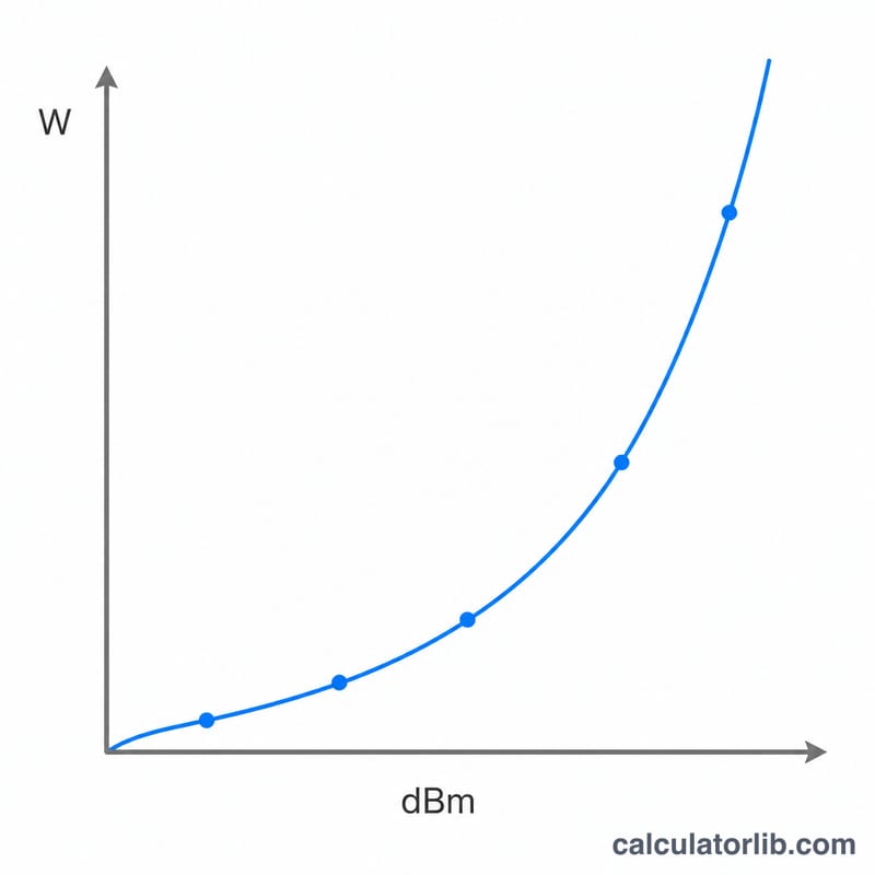 Logarithmic curve showing dBm on the horizontal axis and watts on the vertical axis rising steeply