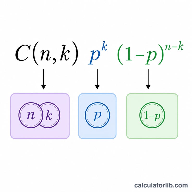 組み合わせ、p^k、(1-p)^(n-k) を色付きの枠で示した二項公式