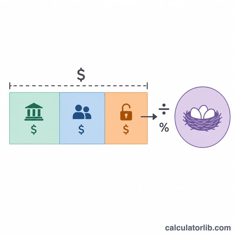 Diagram showing desired income minus pension and Social Security divided by withdrawal rate to find nest egg
