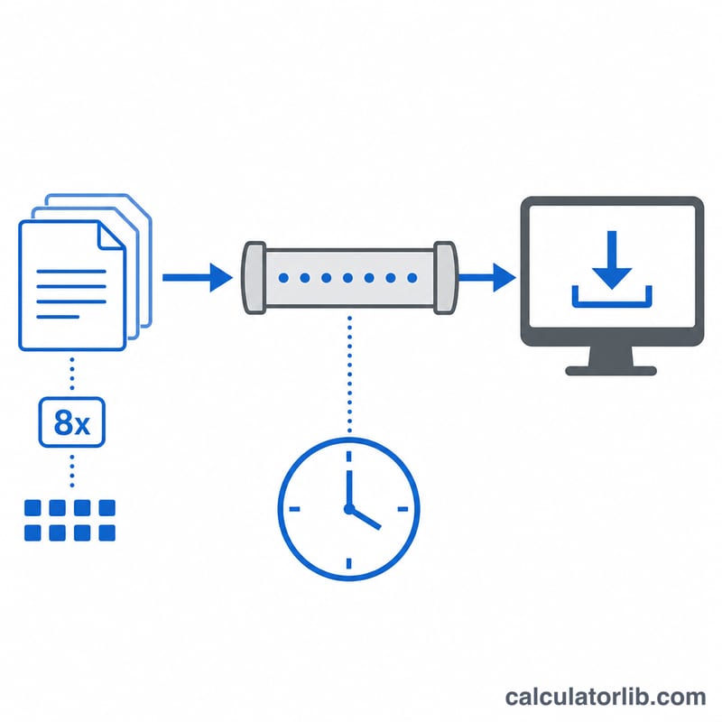 Diagram of file size transferring over a connection with a clock showing download time