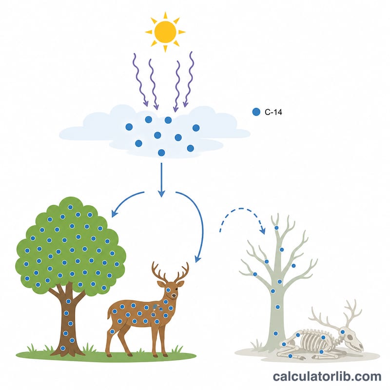 Diagram showing Carbon-14 created in the atmosphere, absorbed by living plants and animals, then decaying after death