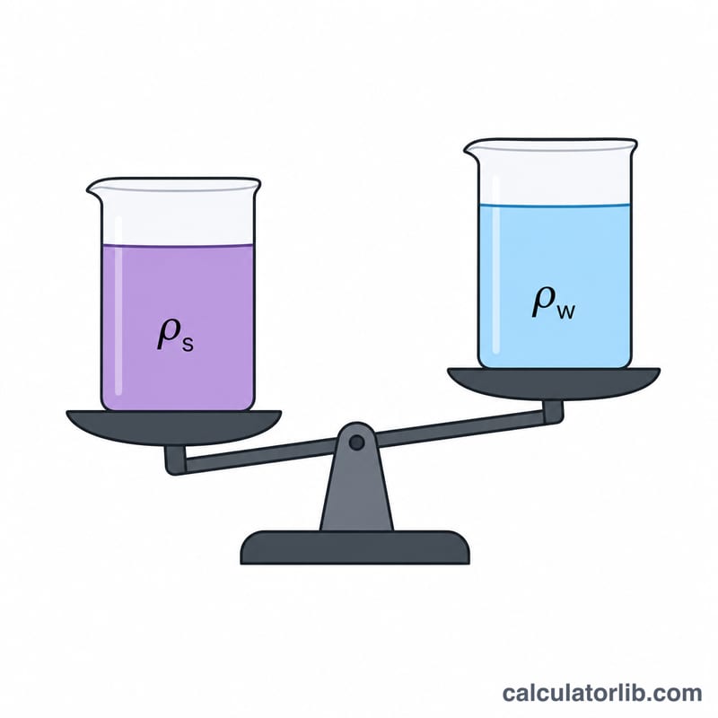 Two beakers of equal volume side by side, one labeled with substance density rho-s and one with water density rho-w, shown on a balance comparing their weights