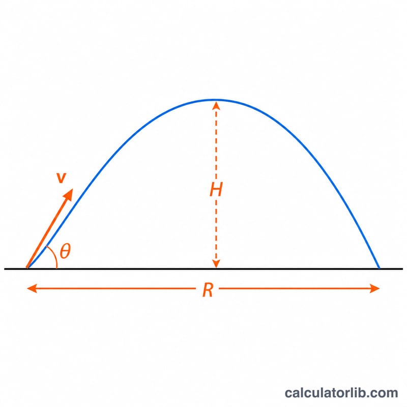 Parabolic trajectory of a projectile showing launch angle, velocity, range, and maximum height