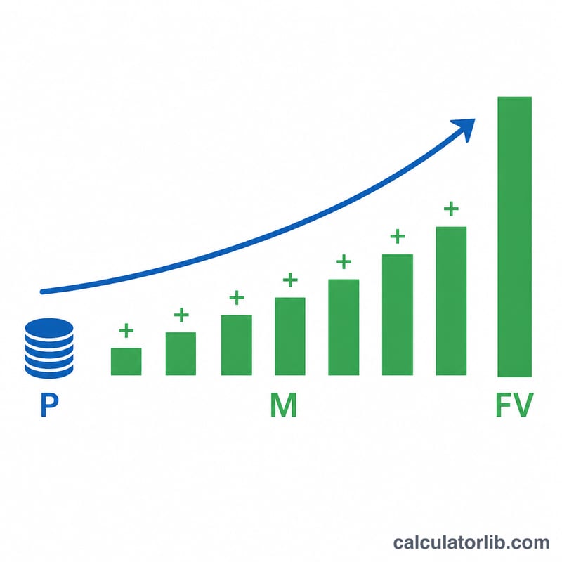 Diagram showing initial principal and monthly contributions growing into a larger future value