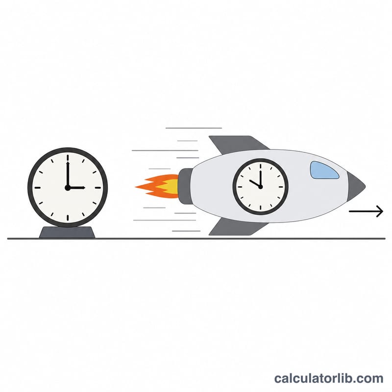 Two clocks, one stationary and one on a fast-moving spaceship, showing different elapsed times