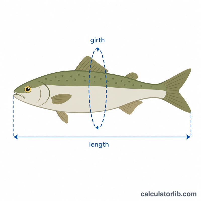 Side view of a fish showing length measured nose to tail fork and girth measured around the body