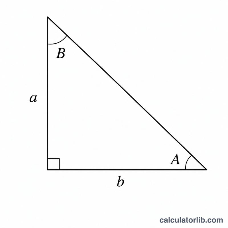 Right triangle with legs a and b, hypotenuse, and acute angles A and B labeled