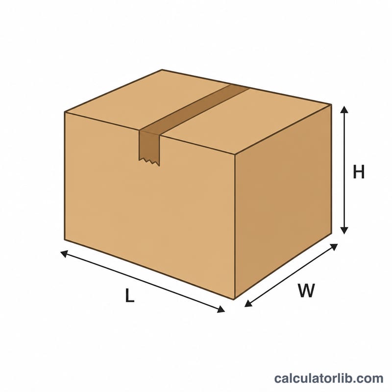 Cardboard box with length, width and height labeled L, W, H
