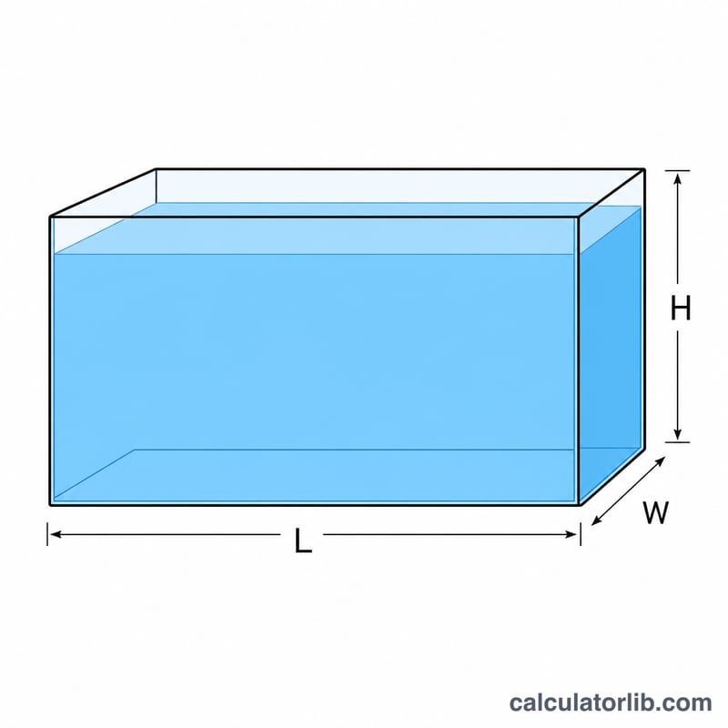 Aquarium rectangulaire avec les dimensions de longueur, largeur et hauteur indiquées