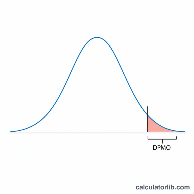 Normal distribution curve with shaded defect tail beyond a sigma threshold