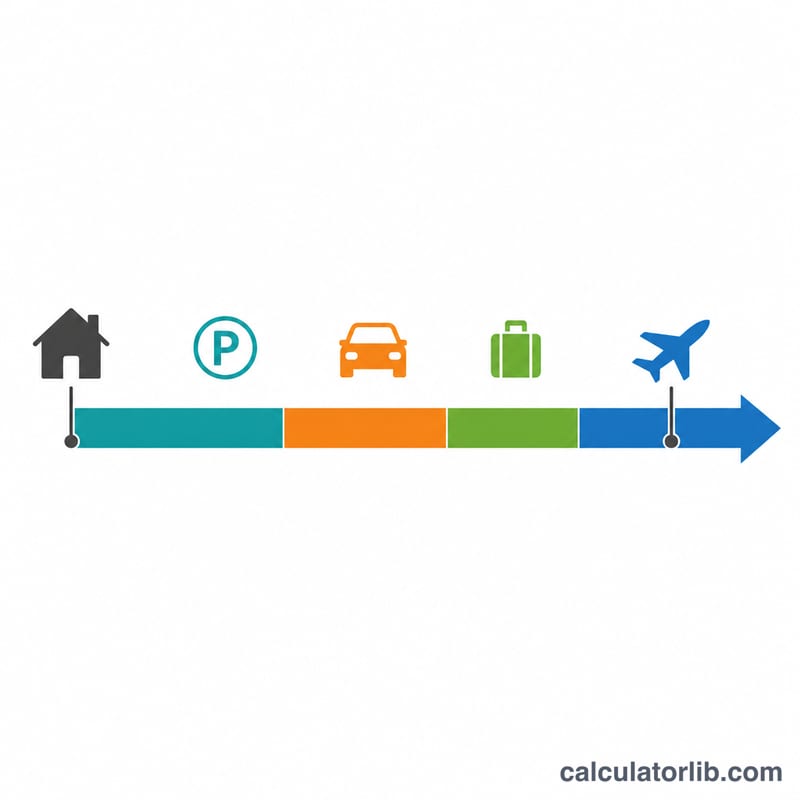 Timeline showing flight departure minus check-in, drive, and parking time to find when to leave home