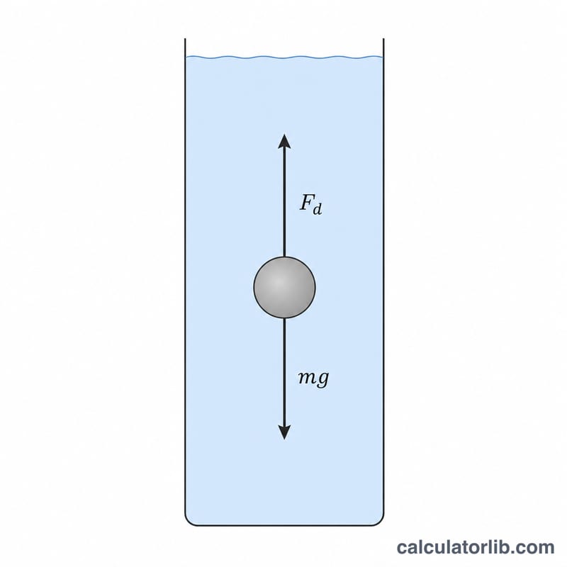 Falling sphere with downward gravity arrow balanced by upward drag arrow at terminal velocity