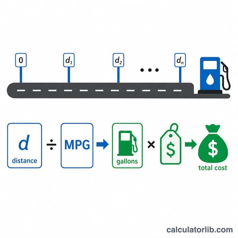 Diagram showing distance divided by MPG times gas price equals total cost