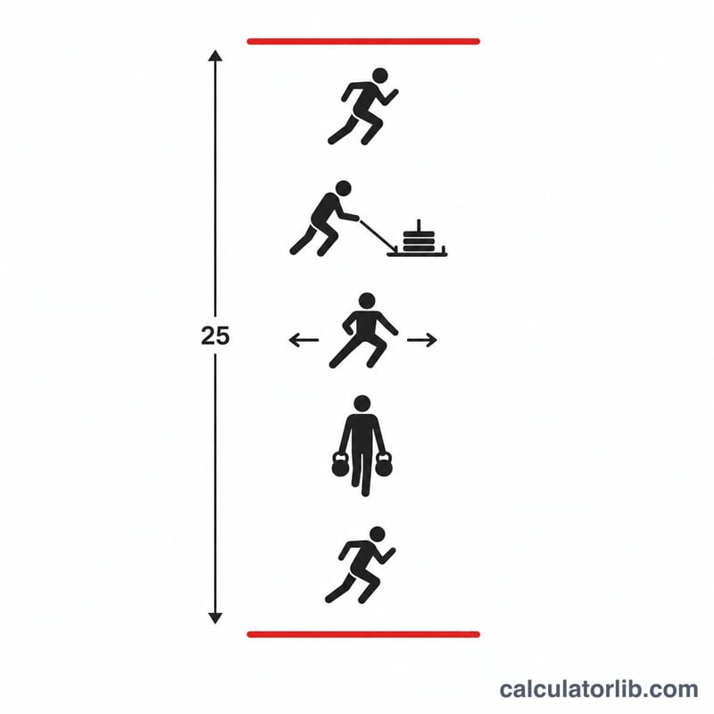 Diagram of the five Sprint-Drag-Carry shuttle segments across a 25-meter lane