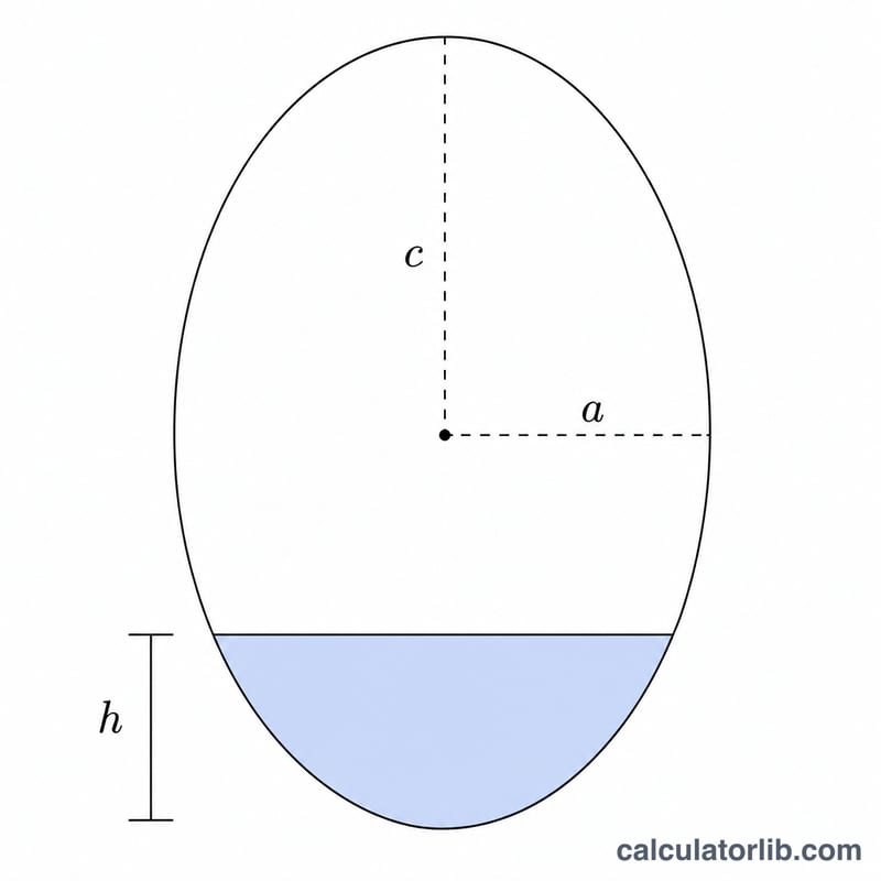 Cross-section of a prolate spheroid cut by a horizontal plane, with the lower segment shaded and labeled with height h, semi-axes a and c