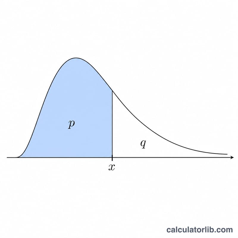 Chi-square probability density curve with a shaded left-tail area and a vertical line marking the quantile on the x-axis