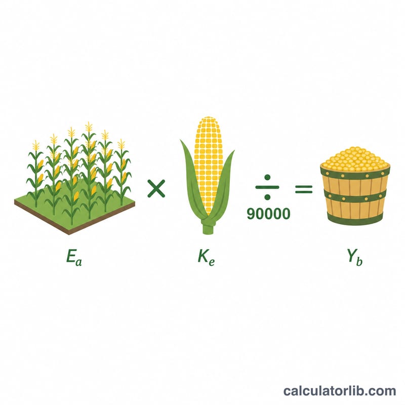 玉米產量公式圖：每英畝穗數 × 每穗粒數 ÷ 90,000 = 每英畝蒲式耳