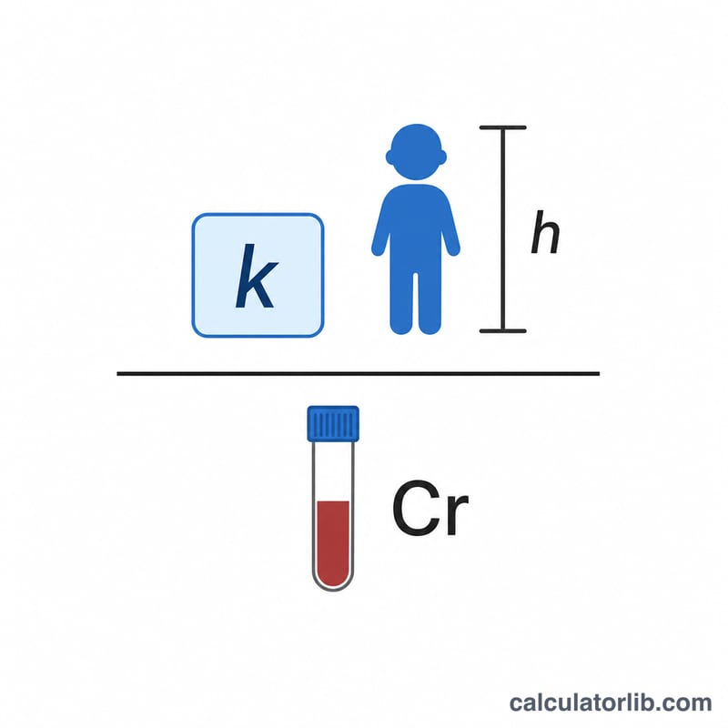 Diagram showing the bedside Schwartz formula as a fraction with constant times height over creatinine