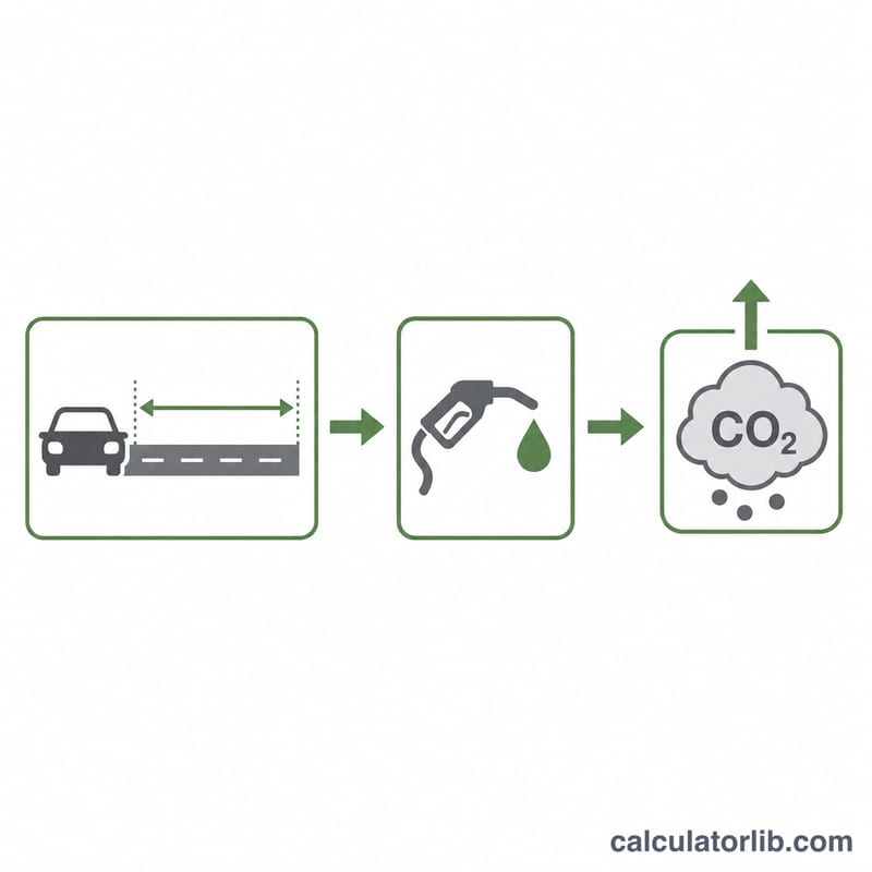 Diagram showing fuel burned converting to CO2 emissions over a driving distance