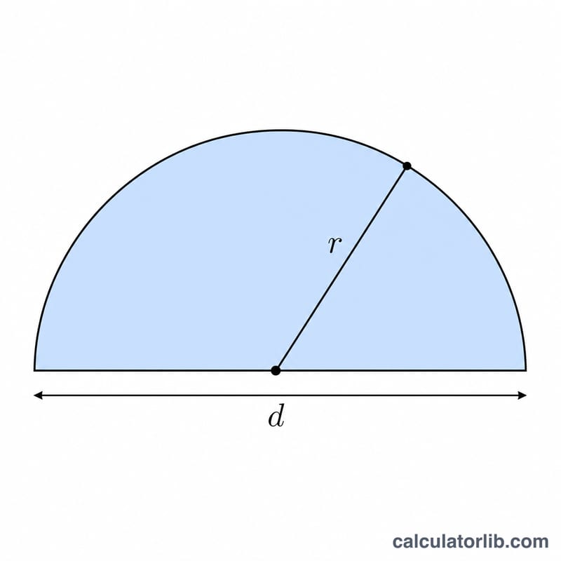 Semicircle with labeled radius r and diameter d, flat-shaded half-disk