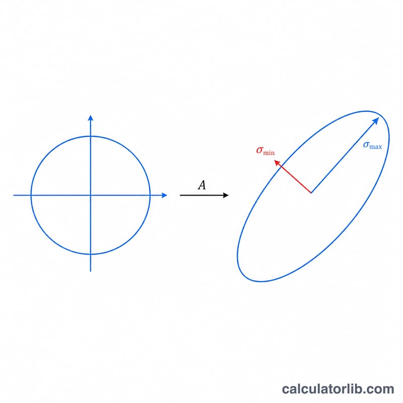 Unit circle transformed into an ellipse by a 2x2 matrix, with major and minor semi-axes labeled sigma max and sigma min