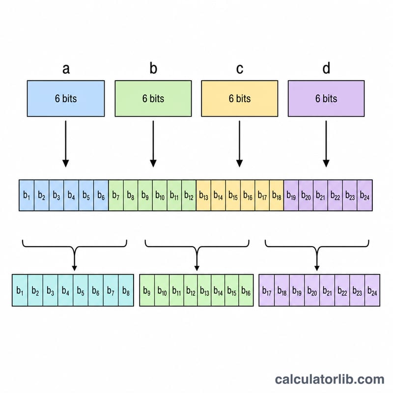Four Base64 characters of 6 bits each regrouped into three 8-bit bytes