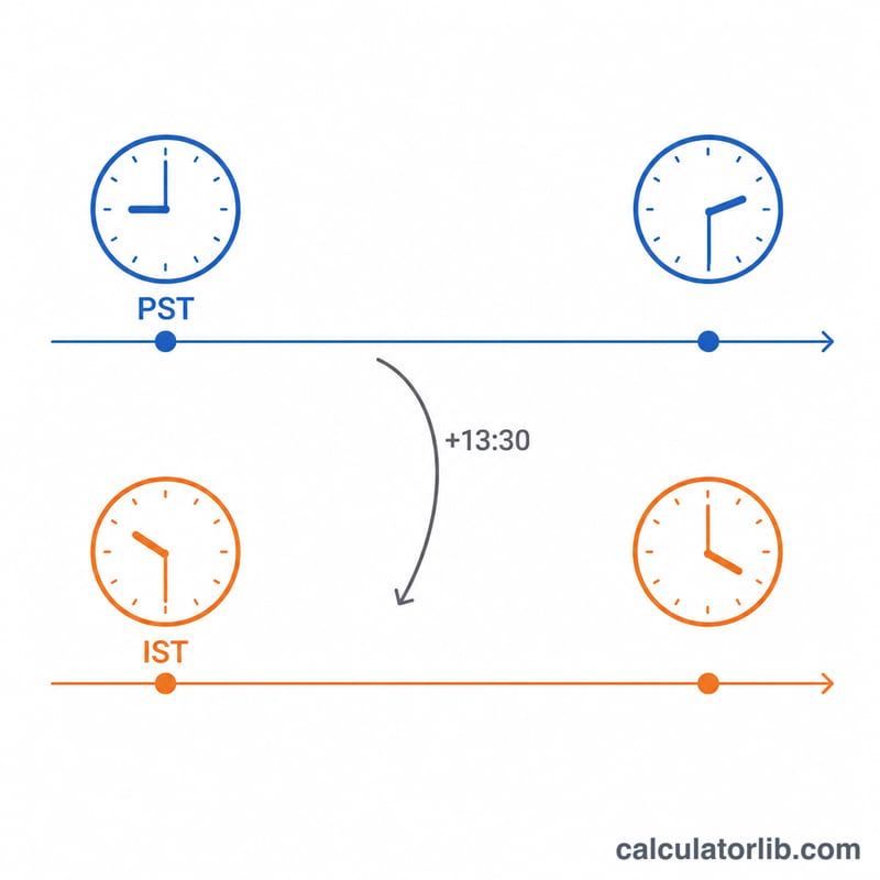 Diagram showing PST time shifting forward by 13 hours 30 minutes to IST