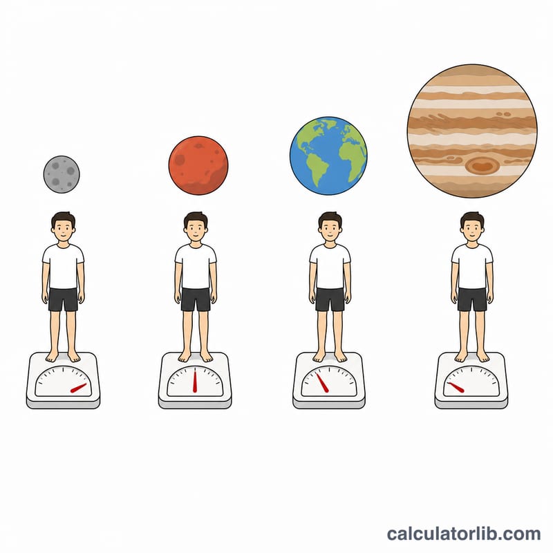 站在体重秤上的人，在表面重力不同的各行星上显示不同体重