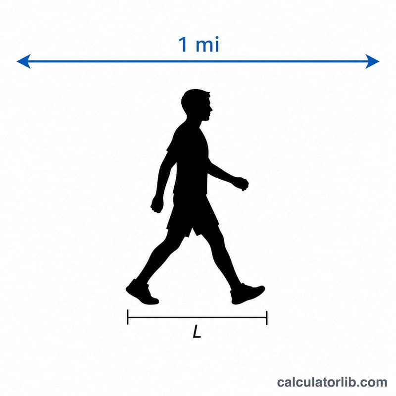 Diagram showing stride length between two feet and total mile distance