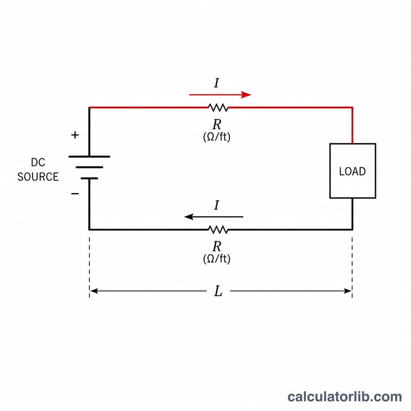 Circuit loop showing source, two wires of length L, current I, and wire resistance R