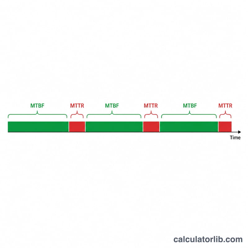 Timeline bar showing alternating uptime and repair periods labeled MTBF and MTTR