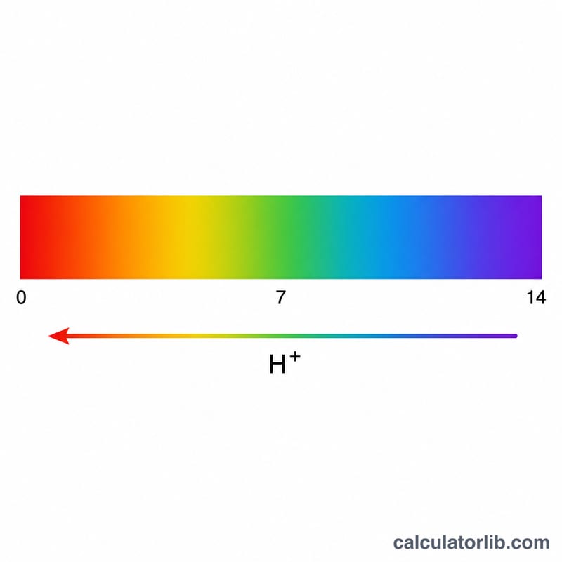 pH scale from 0 to 14 with H+ concentration increasing toward acidic end