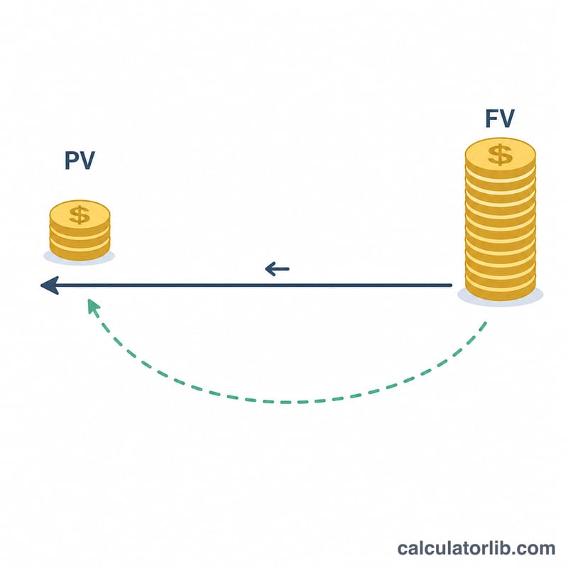 Diagram showing a future value amount discounted backward over time to a smaller present value