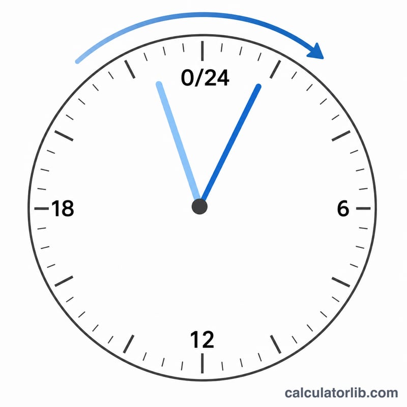 Circular 24-hour clock with an arrow wrapping past midnight from a start time to a later time
