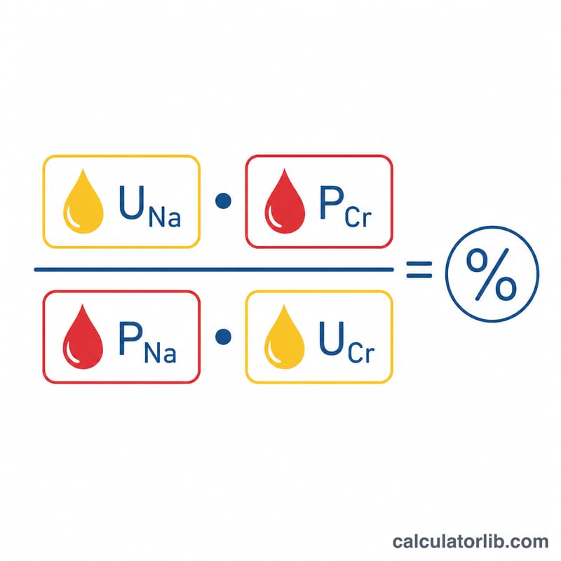 Diagram of the FENa formula showing urine and plasma sodium and creatinine inputs