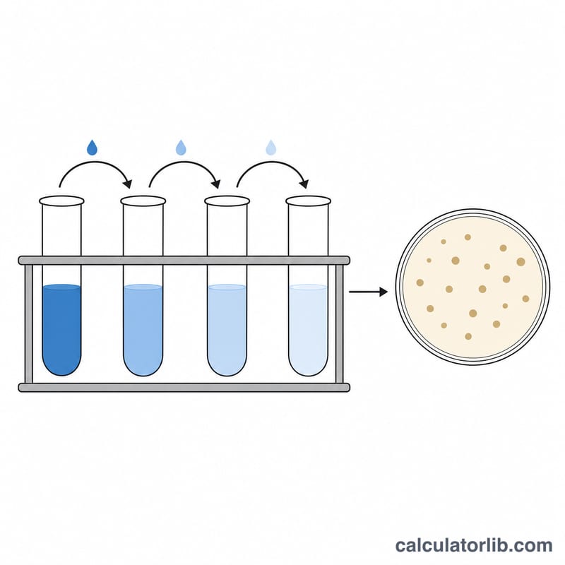 Diagram of serial dilution tubes leading to a streaked agar plate with colonies