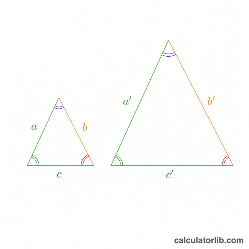 Small and large similar triangles with corresponding sides a,b,c and a',b',c' and matching angles