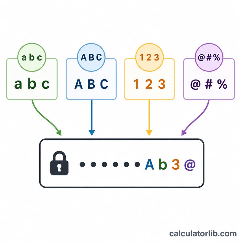 Diagram showing character set categories combining into a password