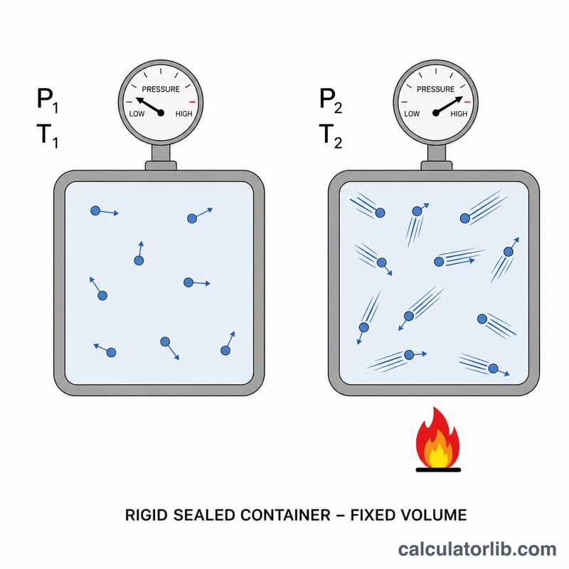Two identical sealed containers showing higher temperature producing higher pressure at constant volume