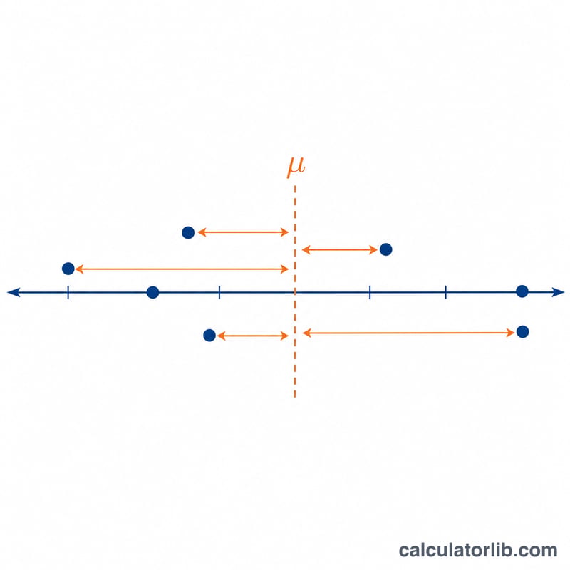 Data points on a number line with deviations measured from the mean