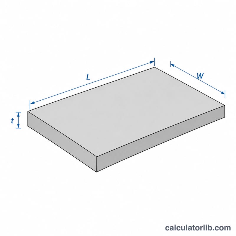Isometric diagram of a concrete slab showing length, width, and thickness dimensions