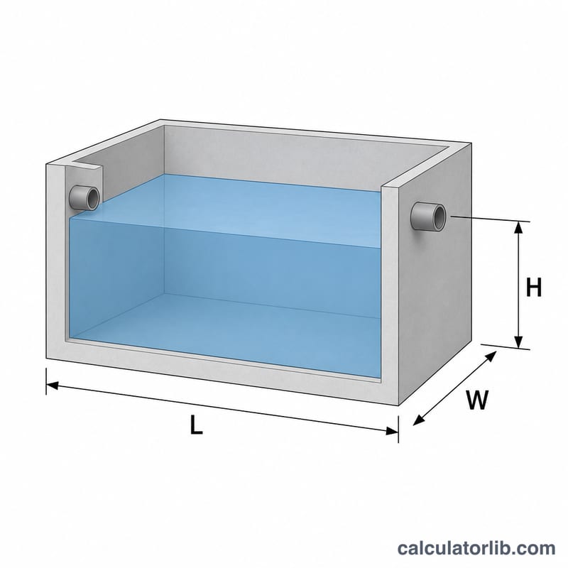 Rectangular septic tank with length L, width W and liquid depth H labeled